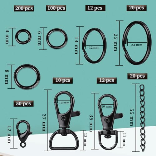 Teenitor 524PCS Keychain Making Kit, Keychain Craft Supplies Key Chain Clips, Lanyard Snap Hooks， Key Rings and Jump Rings for Keychain Making Supplies Jewelry Lanyard Making, Keychain Kit Black - color: Black