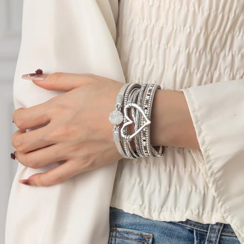 Rantanto Leather Wrap Bracelets For Women Gold Twist Lock Buckle Wrist Cuff | PU leather,Skin-friendly,Boho Stackable Wristband,Fashion Daily Jewelry,Trend Casual Party Bangle,Fit For Birthday, Holiday - color: Heart Silver