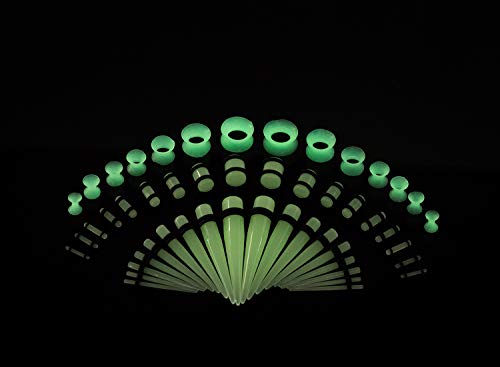 50-Piece Ear Gauges Stretching Kit, 14G-00G | Acrylic tapers and plugs with soft silicone tunnels, body piercing jewelry for women and men - color: Glow in the Dark