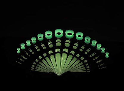 50-Piece Ear Gauges Stretching Kit, 14G-00G | Acrylic tapers and plugs with soft silicone tunnels, body piercing jewelry for women and men - color: Glow in the Dark