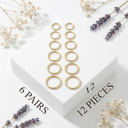 6Pairs Nose Rings Hoops - 316L Surgical Steel Hinged Nose Hoops 16G/18G/20G Clicker Septum Nose Ring Lip Helix Cartilage Hoop Earring Daith Rook Conch Body Piercing Jewelry for Women Men 6mm 7mm 8mm 9mm 10mm 12mm - color: Gold, size: 20 gauge(0.8mm)