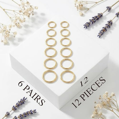 6Pairs Nose Rings Hoops - 316L Surgical Steel Hinged Nose Hoops 16G/18G/20G Clicker Septum Nose Ring Lip Helix Cartilage Hoop Earring Daith Rook Conch Body Piercing Jewelry for Women Men 6mm 7mm 8mm 9mm 10mm 12mm - color: Gold, size: 18 gauge(1mm)