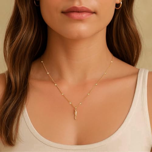 Gold Silver Necklace for Women, Dainty Cubic Zirconia Pendant | Teardrop CZ Charm, 14K Gold/Sterling Silver Plated, Adjustable Chain, Hypoallergenic & Waterproof Jewelry, Cute Trendy Gift - color: Gold-Italian horn/ball chain
