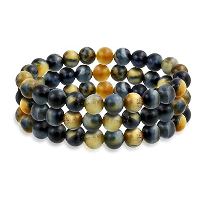 Bling Jewelry Unisex Stackable Set Of 3 Gemstone Round Bead 8MM Stretch Bracelet For Women Teen Men Multi Strand Stacking Adjustable - color: Mixed Tigers Eye