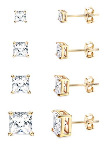 MILACOLATO S925 Sterling Silver Stud Earrings for Women Men Hypoallergenic 18K Gold Plated Cubic Zirconia Earrings Studs Brilliant Simulated Diamond Halo Earring for Sensitive Ears - style: 18K Gold Plated - Square CZ