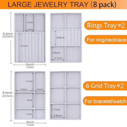 Set of 8 Stackable Jewelry Organizer X-Large Velvet Jewellry Trays Jewelryy Drawer Inserts, Earring Ring Brooch Necklace Bracelet Watch Display Plate with Removable Dividers - color: GREY, size: X-Large
