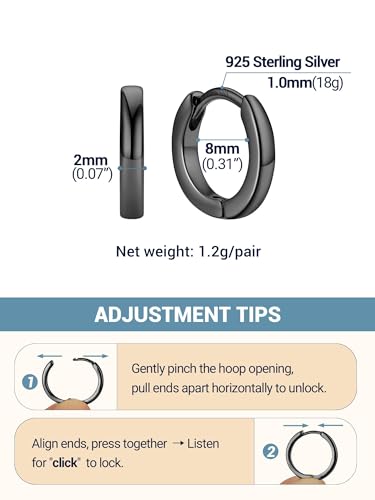 PROSTEEL Huggie Hoop Earrings For Women with 925 Sterling Silver Post | 8/10/12/14/16/18/20mm,14K Gold Plated/Black/Rose Gold/Silver Brass Lightweight Cubic Zirconia Cartilage Piercing Earring - color: 1. Black, size: 8mm