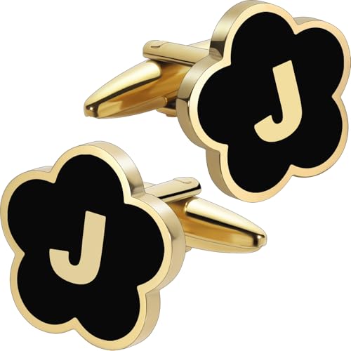 Initial Cufflinks for Mens,Personalized Black Glod Pated Letter Shirts CuffLinks,Stainless Steel Cuff Links, Business Wedding Gift A-Z - style: Letter J