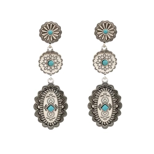 Boho Western Earrings for Women Western Feather Earrings Vintage Concho Turquoise Teardrop Dangle Earrings Country Concert Jewelry Accessories - style: Silver Turquoise Dangle