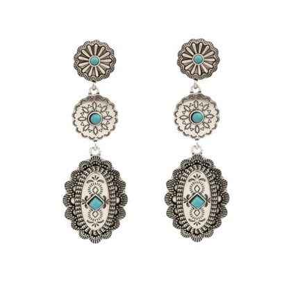 Boho Western Earrings for Women Western Feather Earrings Vintage Concho Turquoise Teardrop Dangle Earrings Country Concert Jewelry Accessories - style: Silver Turquoise Dangle