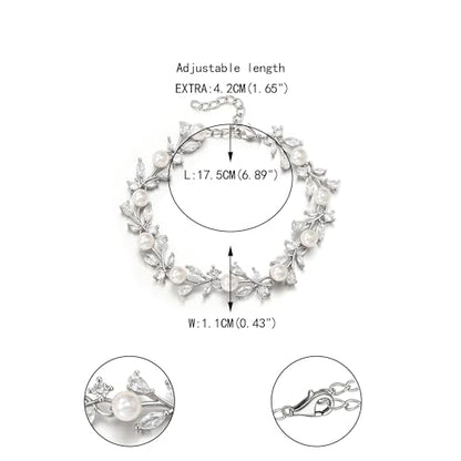 EVER FAITH Gorgeous Cubic Zirconia Pearl Wedding Link Bracelet for Bride | Marquise Teardrop Crystal Bridal Prom Jewelry, for Women Bridesmaids - style: Vine_Silver-Tone