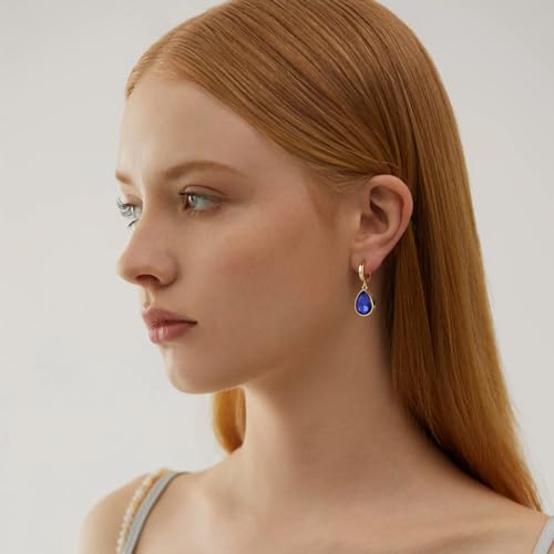 Crystals Teardrop Dangle Drop Earrings, 18K Gold Plated Hoop Earrings Zirconia Jewelry for Women Gifts - color: Navy blue