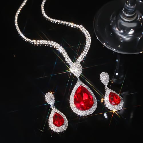 Fashion Red Black Colorful Bridal Teardrop Layered Crystal Necklace Earrings Set Sparkly Rhinestone Crystal Elegant Bridal Teardrop Shape Choker Earrings For Prom Costume Set Christmas Halloween Full Rhinestone Choker Necklace Earrings for Women - color: