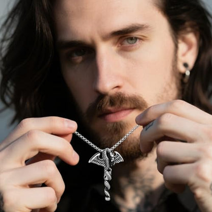 Stainless Steel Gothic Y2K Punk Rock Emo Biker Pendant Necklace | Cosplay Vintage Viking Alt Edgy Fashion Charm Necklace Jewelry for Men Women Active Daily Wear - style: Black Stone Winged Dragon