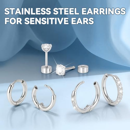 Silver/Gold Stud Hoop Earrings:Hypoallergenic Surgical Stainless Steel Small Cartilage Huggie Hoop Earrings Flat Back Earrings Screw Back and Flatback Stud Earrings for Women Multiple Piercing Sensitive Ears - style: Silver-(6mm+6mm)hoop earrings+4mm cz s