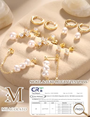 MILACOLATO 5 Pairs 925 Sterling Silver Earrings for Women Trendy Ear Stacks | 14K Gold Plated Stud Huggie Hoop Earrings Set Hypoallergenic CZ Pearl Dangle Earring Prom Bridal Bridesmaids Wedding Jewelry - color: Gold - Pearl Studs & Hoop Hoops & CZ Studs