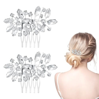2 Pcs Crystal Bride Wedding Hair Comb, Silver Rhinestone Silver Bridal Side Comb Bridal Hairpieces Bridesmaid Clips Accessories, Silve-Bridal-Headpiece Wedding Hair Piece for Women and Girls