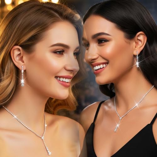 Bride Silver Bridal Necklace Earrings Set Crystal Wedding Jewelry Set Rhinestone Choker Necklace for Women and Brides - color: Silver
