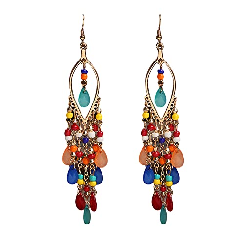 Essencedelight Crystal Beaded Tassel Earring Long Beaded Dangle Earring Fringe Hook Earring for Women Bridal Wedding - color: mixed color