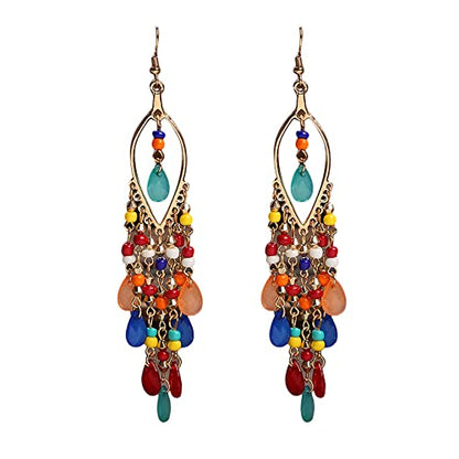 Essencedelight Crystal Beaded Tassel Earring Long Beaded Dangle Earring Fringe Hook Earring for Women Bridal Wedding - color: mixed color