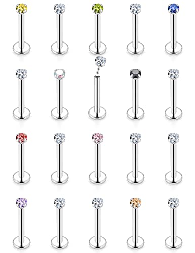 16G 18G 20G Threadless Push in Lip Rings Stainless Steel Flat Back Nose Rings Studs Tragus Helix Conch Cartilage Lobe Earrings Stud Piercing Jewelry for Women Men Diamond CZ Silver 20PCS - color: 20G-10MM Length-2.5MM CZ