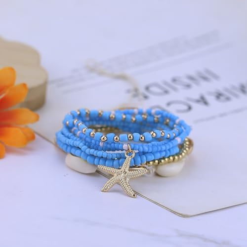 Bohemian Starfish Bracelets for Women - Adjustable Stackable Beach Bracelets, Handmade Stretchy Beaded Summer Jewelry, Perfect for Surf & Waterproof Fun - color: Blue