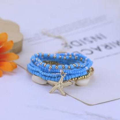 Bohemian Starfish Bracelets for Women - Adjustable Stackable Beach Bracelets, Handmade Stretchy Beaded Summer Jewelry, Perfect for Surf & Waterproof Fun - color: Blue