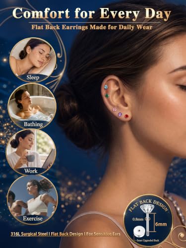 Fansilver 20G Hypoallergenic Flat Back Earrings for Women Men Silver 14K Gold Stainless Steel Stud Earrings Birthstone Cubic Zirconia Studs Surgical Steel Cartilage Earrings for Sensitive Ears - color: Silver Multi