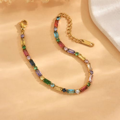 18K Gold Plated Multi-Color Classic Tennis Bracelet for Women Dainty Color 3mm Rainbow Cubic Zirconia Bracelet Adjustable CZ Gold Bracelets Trendy Summer Jewelry Gift - style: Multi Color-Gold