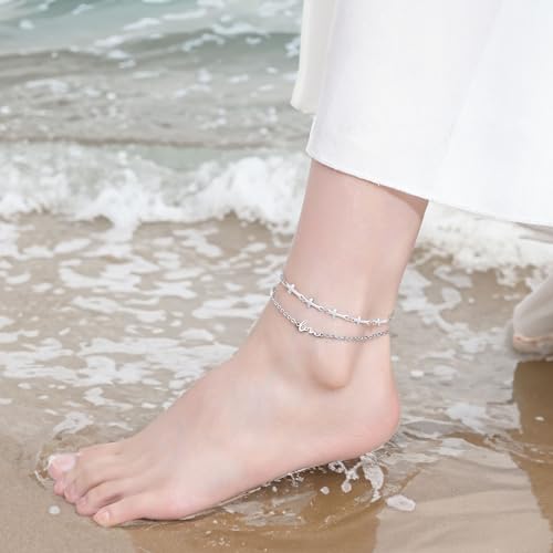 mnmoom Double Layer Cross Anklet for Women, Stainless Steel Love Charm, 10.6 Inch Adjustable Chain, Gold/Silver - color: Silver
