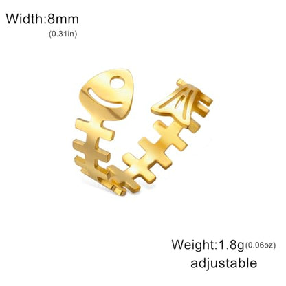 Funny Fishbone Ring, Stainless Steel Adjustable Open Rings for Women Trendy, Special Christmas Gift for Friend Lover Daughter - color: Gold
