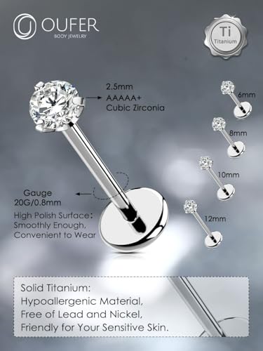 OUFER 2PCS Nose Piercings, G23 Solid Titanium Threadless Nose Rings 20G, Clear Tiny CZ Nose Stud Flat Back Nose Nostril Piercing Jewelry for Women Men - size: 2.5mm CZ_20g 6mm