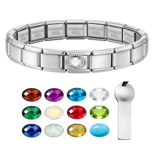 GEMOSA Birthstone Italian Charm Bracelet - 18 Links 9mm x 10mm Stainless Steel Base Bracelet with Birthstone Charm & Link Opener Tool, Polished Silver Finish Jewelry Gift Box Set for Women - color: 04-Apr-Diamond