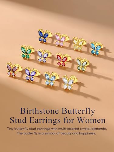 Suplight Butterfly Stud Earrings 925 Sterling Silver 14K Gold Brithstone Earrings for Women Brithstone Jewelry Gifts - color: 03.March( Aquamarine), size: Gold