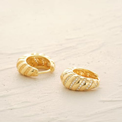 Women Gold Earrings Huggie Hoop Cubic Zirconia 14K Gold Plated Small Simple Hypoallergenic Everyday Jewelry - style: Chunky Croissant