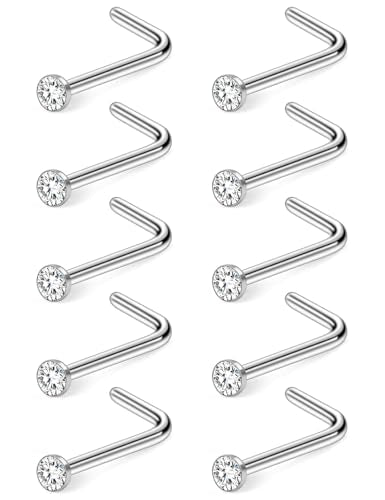 Hoeudjo Nose Studs Surgical Steel Cubic Zirconia Nose Rings Kit for Women Men Tiny Nose Stud Bone & Screw & L Shaped Nostril Piercing Jewelry 18/20/22/24 Gauge 10 Pieces - color: silver-tone,L-shaped nose studs, size: 18g/2mm clear CZ