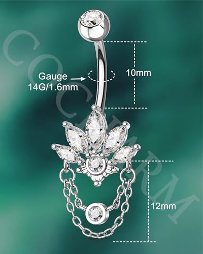 COCHARM 14G Lotus Belly Button Rings Dangle Belly Navel Rings for Women Surgical Steel Navel Piercing jewelry - color: WG-10MM
