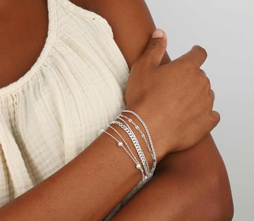 5Pcs Thin Silver Plated Bracelets Sets for Women Dainty | Silver Jewelry Trendy Stackable Rope Snake Box Figaro Chain Bracelets Pack Costume Fashion Gifts - style: 5Pcs BRACELET SET-03