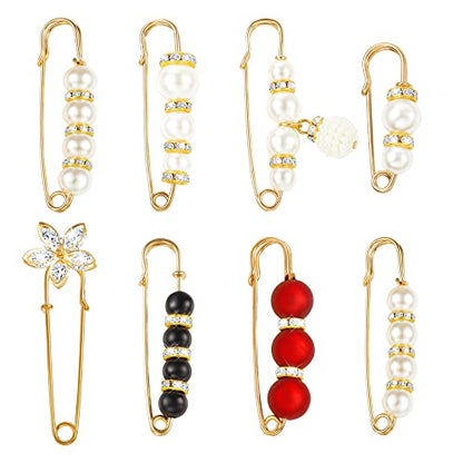 8 Pcs Fashion Pearl Brooch Set, Handmade Faux Pearl Brooches,Sweater Shawl Dress Clip,Waist Pants Extender Safety Pin for Women