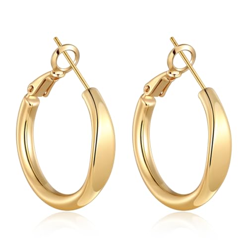sovesi Flat Edge Chunky Hoop Earrings for Women 14k Gold Plated, 5mm Thick Hoops, Lightweight Hypoallergenic Hoop Earrings - color: Gold 25mm
