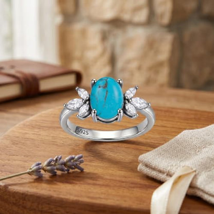 MRENITE Oval Floral Ring for Women S925 Sterling Silver Gemstone Ring for Her Anniversary Birthday Engagement Promise Jewelry Gift - color: Turquoise
