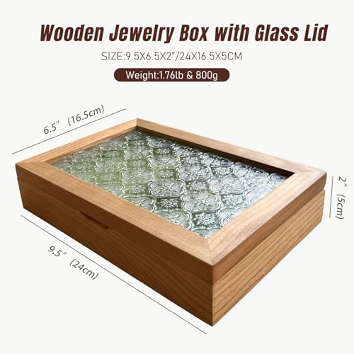 Wooden Jewelry Box with Glass Lid, Multi-Compartment Jewelry Display Case, Green Velvet Lining, Cherry Wood - color: Green Velvet Lining, Cherry Wood