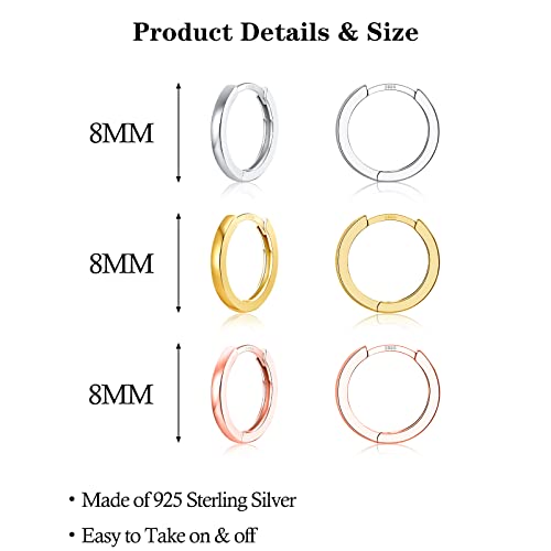 3 Pairs 925 Sterling Silver Small Huggie Hoop Earrings for Women Men | 14K White Gold Plated, Hypoallergenic, Small Silver Hoops - color: F-3 Colors 8mm