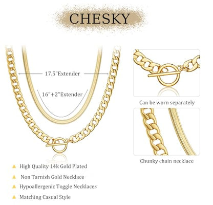 CHESKY 14K Gold Plated Chunky Necklace for Women, Trendy Toggle Clasp | Statement Pendant Necklace, Layered Paperclip Chain, Toggle Clasp Design, Thick Gold Chain, Non Tarnish Everyday Jewelry - color: gold, style: cuban+herringbone