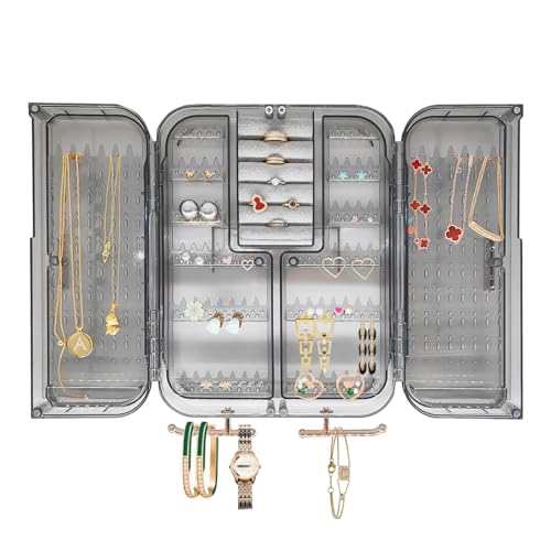 Wall Mounted Jewelry Organizer, No Punching Installation, Hanging Jewelry Organizer Box and Storage Case, Necklace Earring Holder Organizer Wall for Women Teen Girls (Gray Gold) - color: Gray Gold