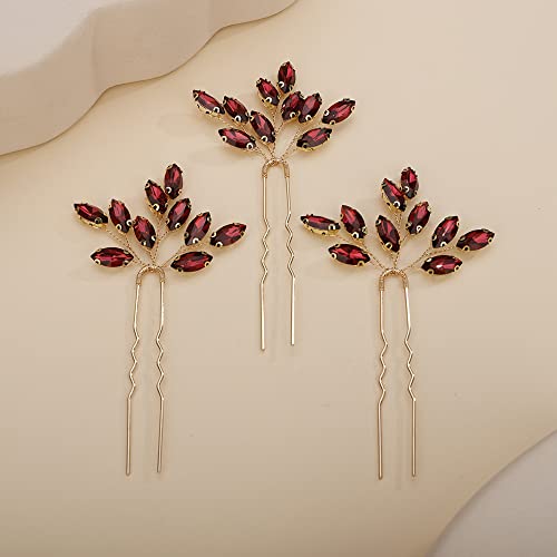 Teyglen 3pcs Bridal Crystal Hair Pins Rhinestones Hair Pieces Simple Crystal Wedding Hair Accessories Handmade Hair Pins for Women Bride Girls (Wine red) - color: Wine red