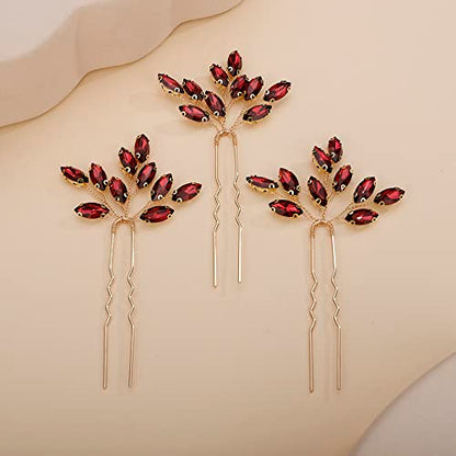 Teyglen 3pcs Bridal Crystal Hair Pins Rhinestones Hair Pieces Simple Crystal Wedding Hair Accessories Handmade Hair Pins for Women Bride Girls (Wine red) - color: Wine red