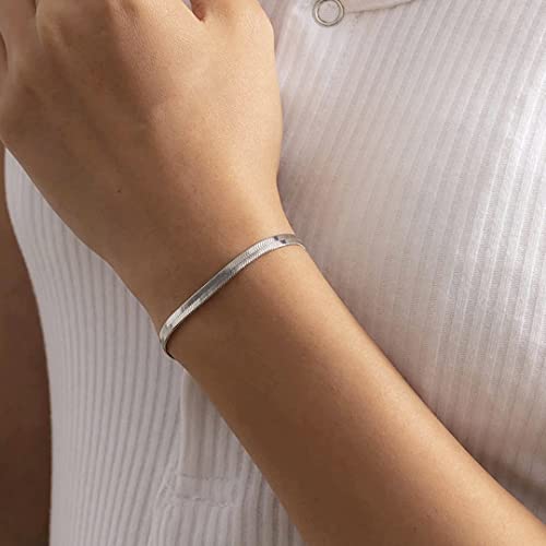 ChainsHouse Stainless Steel Herringbone Flat Chain Bracelets for Women,18K Gold/Rose Gold/Black Metal Paperclip/Snake/Cuban/Figaro Sterling Silver Link Charm Bracelet, 16+5cm Adjustable, With Gift Box - color: e. herringbone-stainless-6mm