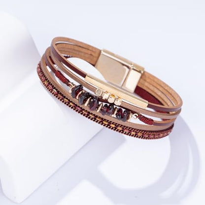 Boho Gemstone Beaded Leather Wrap Bracelets Stackable Chunky Cuff Bracelet Western Jewelry Cowboy Chic Country Concert Outfits for Women - color: Burgundy