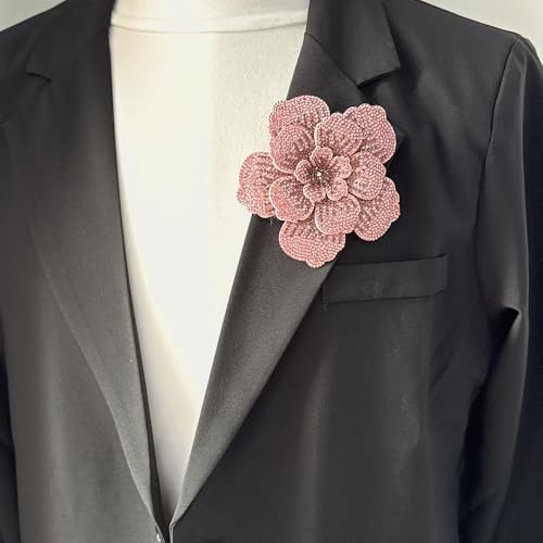 Rhinestone Flower Brooch Pin for Women Men Elegant Sparkly Crystal Camellia Floral Lapel Pins Shawl Dress Suit Clothes Accessories Wedding Party Fashion Jewelry 105mm - color: Pink